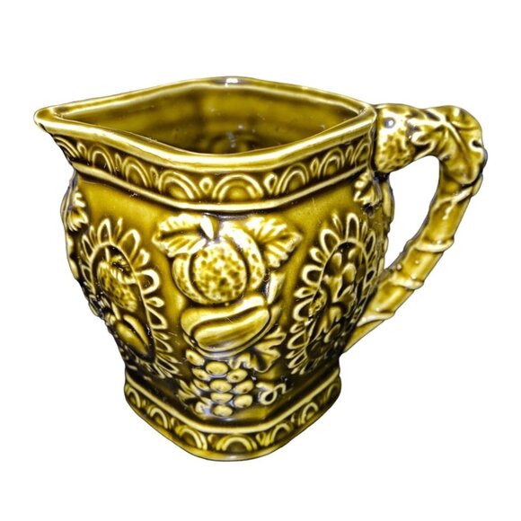 Vintage Embossed Ceramic Japan Pitcher With Fruit Motif & Bamboo Handle Olive Gr - Picture 1 of 6